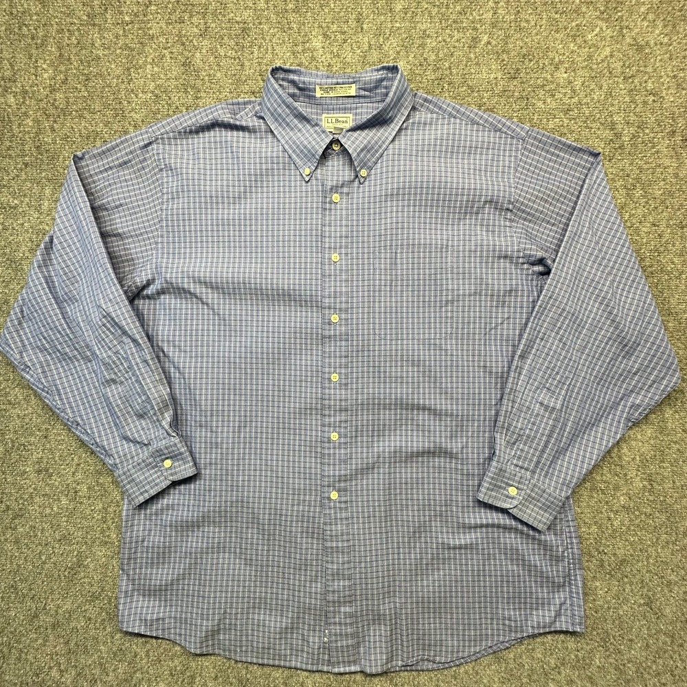 LL Bean Button Down Shirt Mens 18 35 Blue Plaid Excellent 0‎ KQ66 Long Sleeve